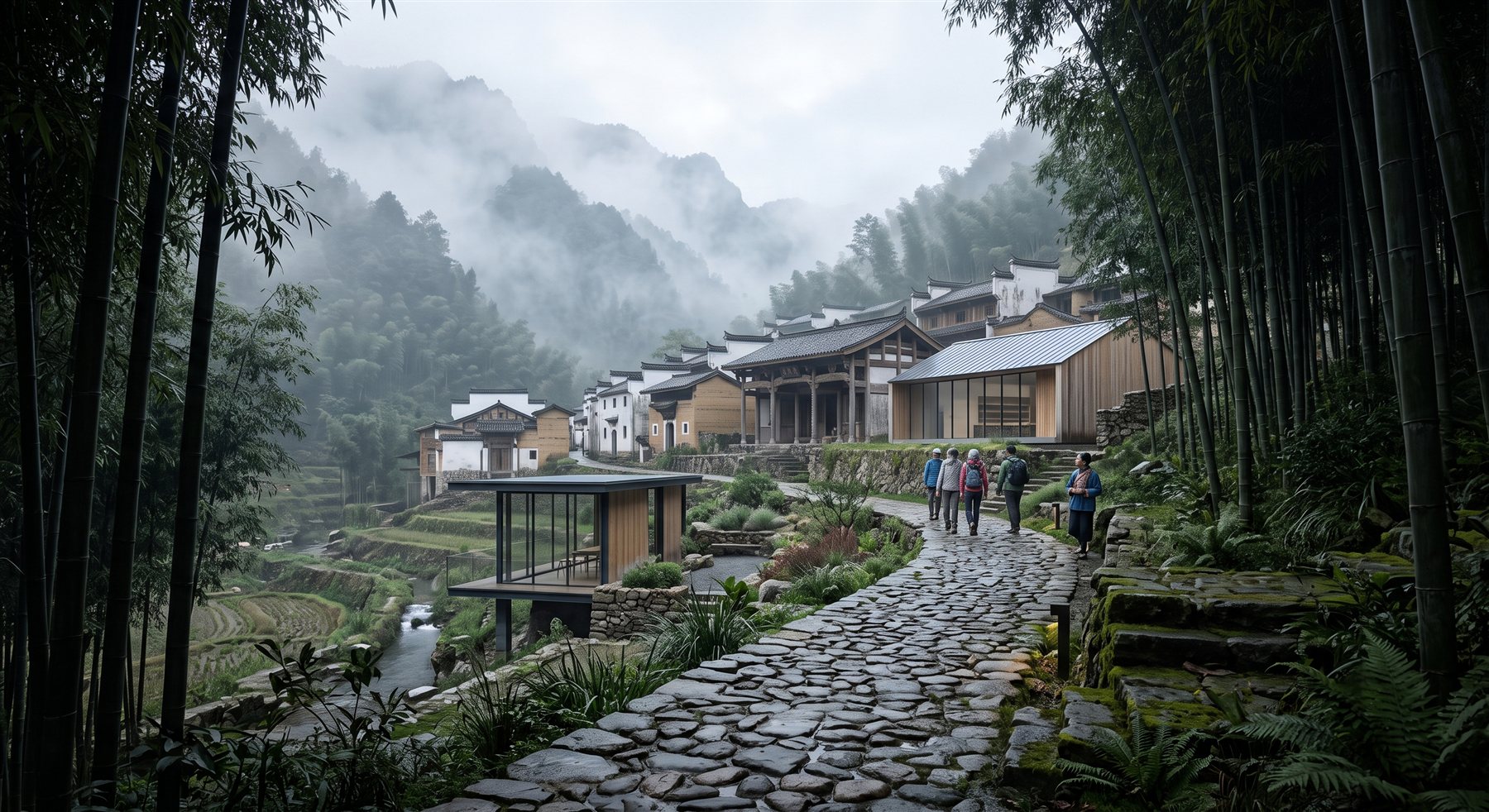 竹林、石径与山间聚落的文化景观方案